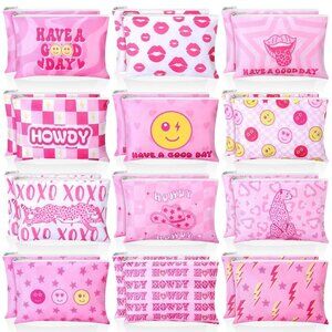 24 Pcs Preppy Cosmetic Bags Pink Makeup Pouches Bulk Cute Cosmetic Pouch with Zi